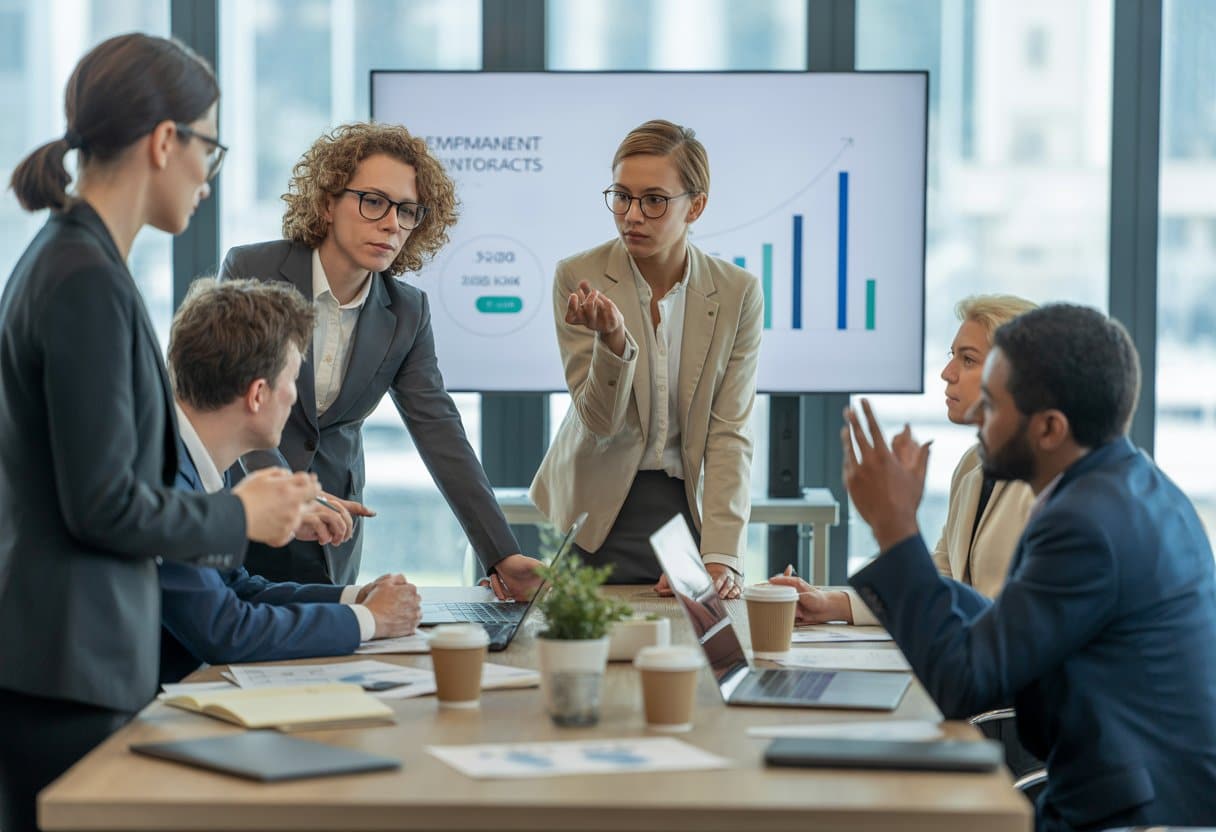 Een groep zakelijke professionals bespreekt documenten rond een vergadertafel in een kantoor.