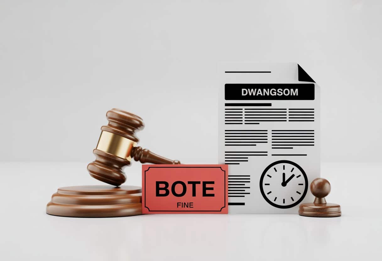 Het verschil tussen een boete, een dwangsom en een strafrechtelijke sanctie: een complete uitleg 1 Drie symbolen die juridische sancties voorstellen: een hamer, een boeteticket en een document met een klok.