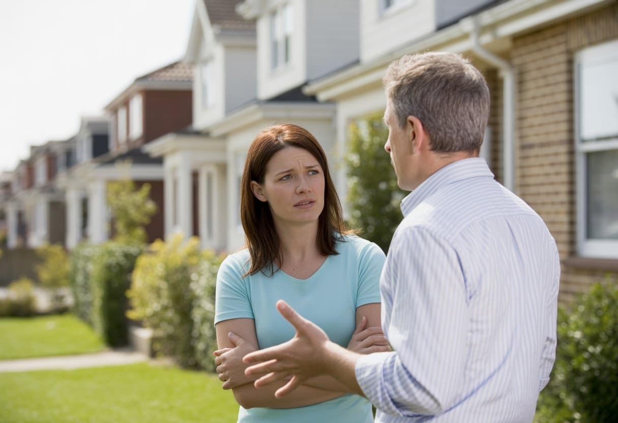 Overlast door buren: wat kun je juridisch echt doen? 3 Twee buren hebben een rustig gesprek buiten hun huizen in een woonwijk.