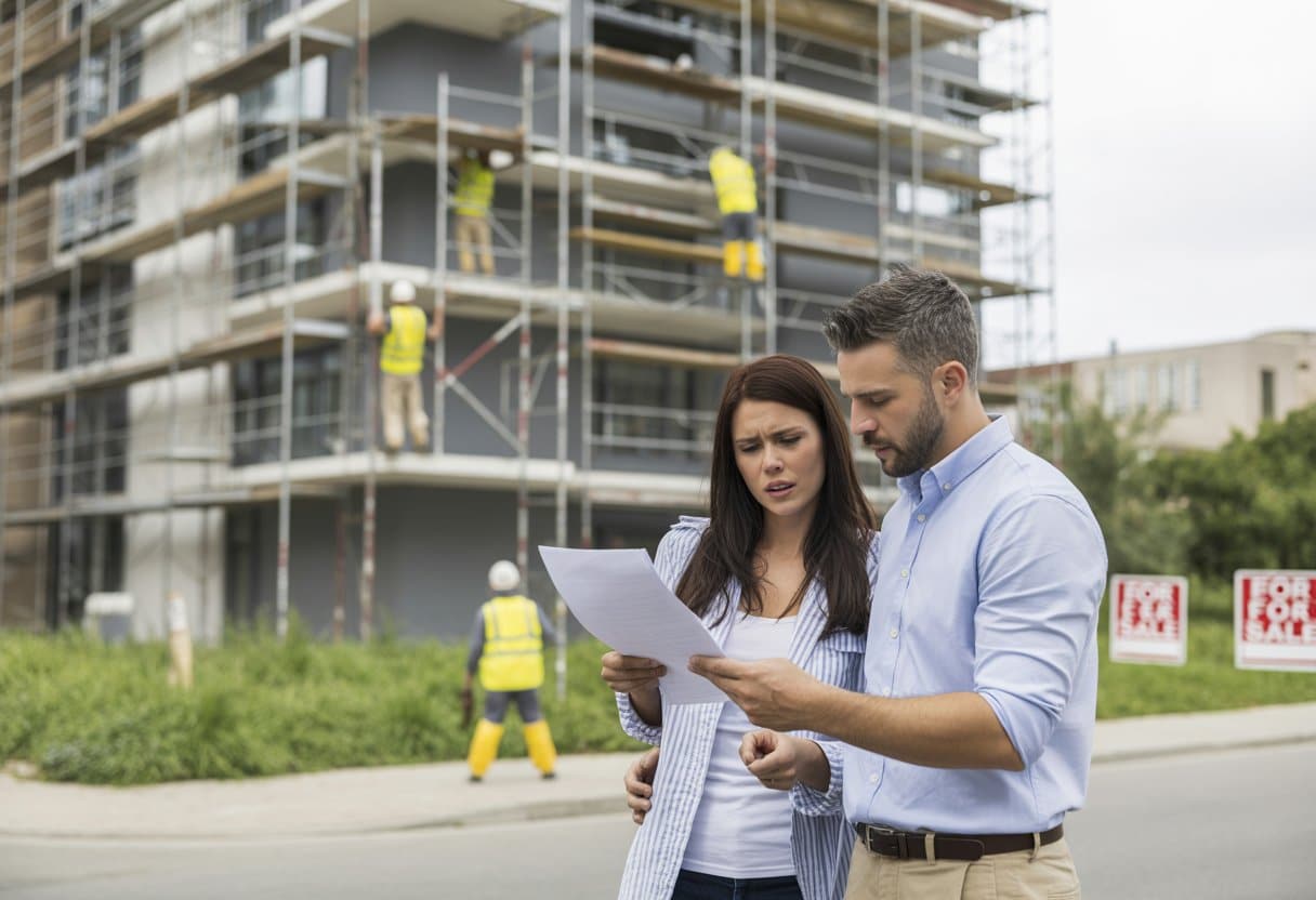 Een stel bespreekt documenten buiten een appartementencomplex dat gerenoveerd wordt met bouwvakkers en steigers zichtbaar.
