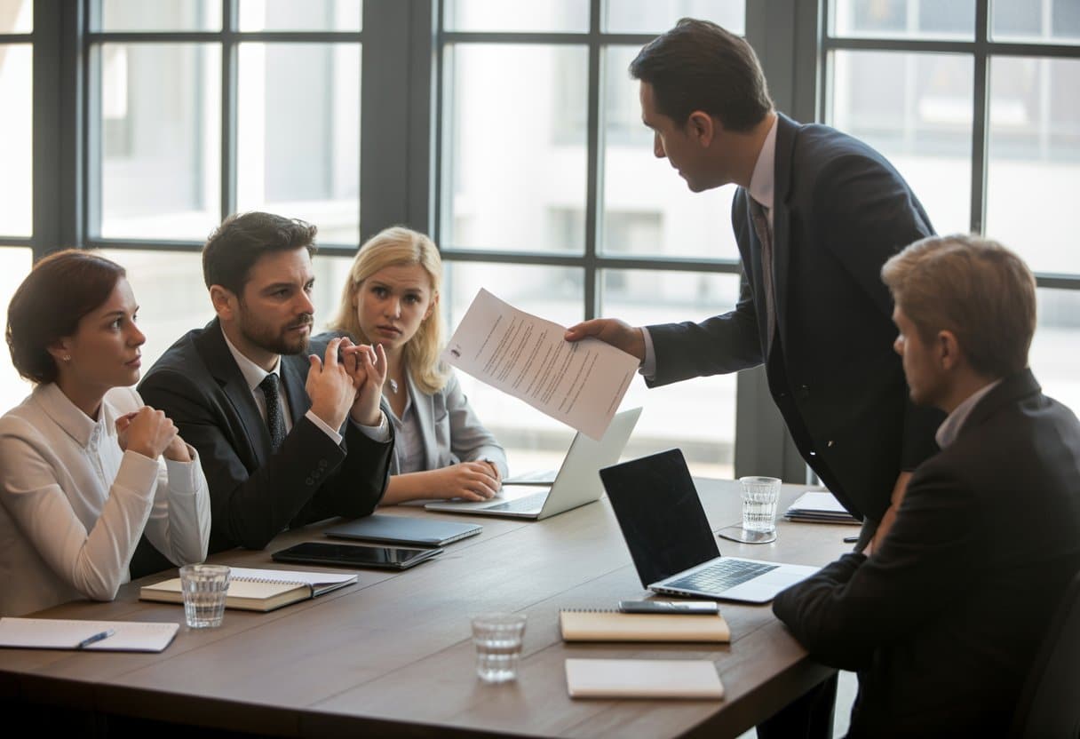 Een zakelijke vergadering waarin een manager een document overhandigt aan een bezorgde werknemer in een modern kantoor.