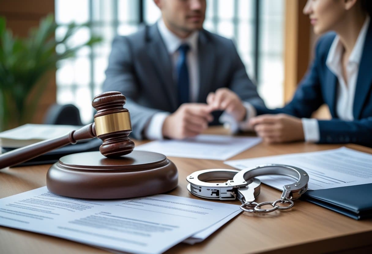 Een rechtbank of kantoor met een hamer, documenten en handboeien op een houten tafel, terwijl een advocaat en cliënt op de achtergrond in gesprek zijn.
