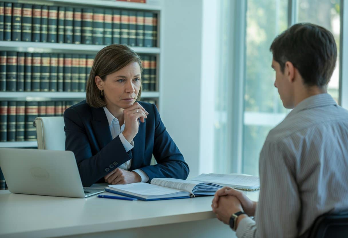 Een reclasseringsmedewerker in gesprek met een jonge cliënt in een kantooromgeving met juridische documenten en boeken.