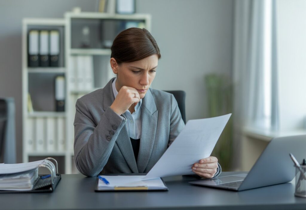 Vrouw in zakelijke omgeving met documenten.