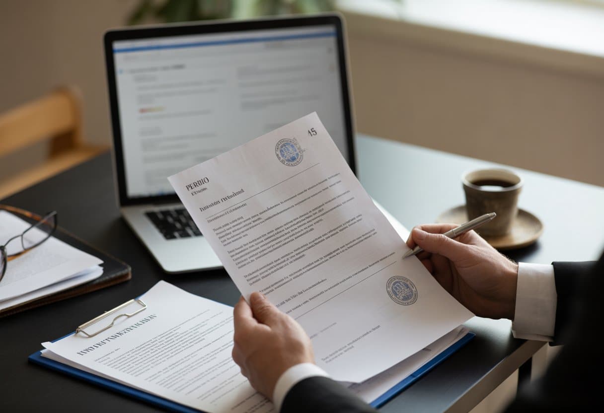 Een persoon bekijkt aandachtig documenten aan een bureau met een laptop en pen, in een kantooromgeving.