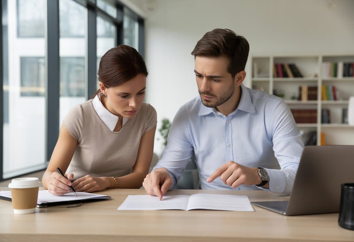 Twee mensen zitten aan een bureau en bekijken samen documenten, ze bespreken een bezwaar tegen een besluit.