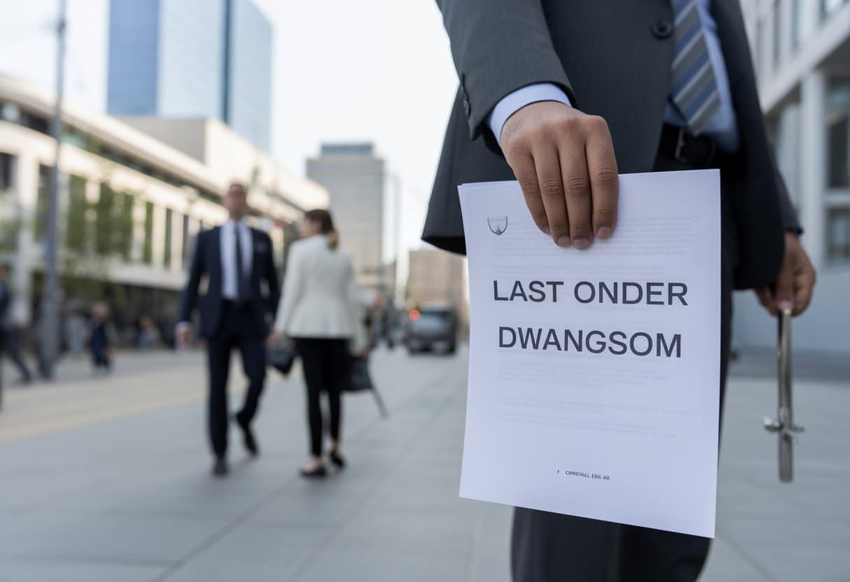 Last onder dwangsom: wat kun je doen bij een boete van de gemeente? 2 Een persoon in nette kleding houdt een officieel document vast buiten bij een gemeentehuis in een stedelijke omgeving.