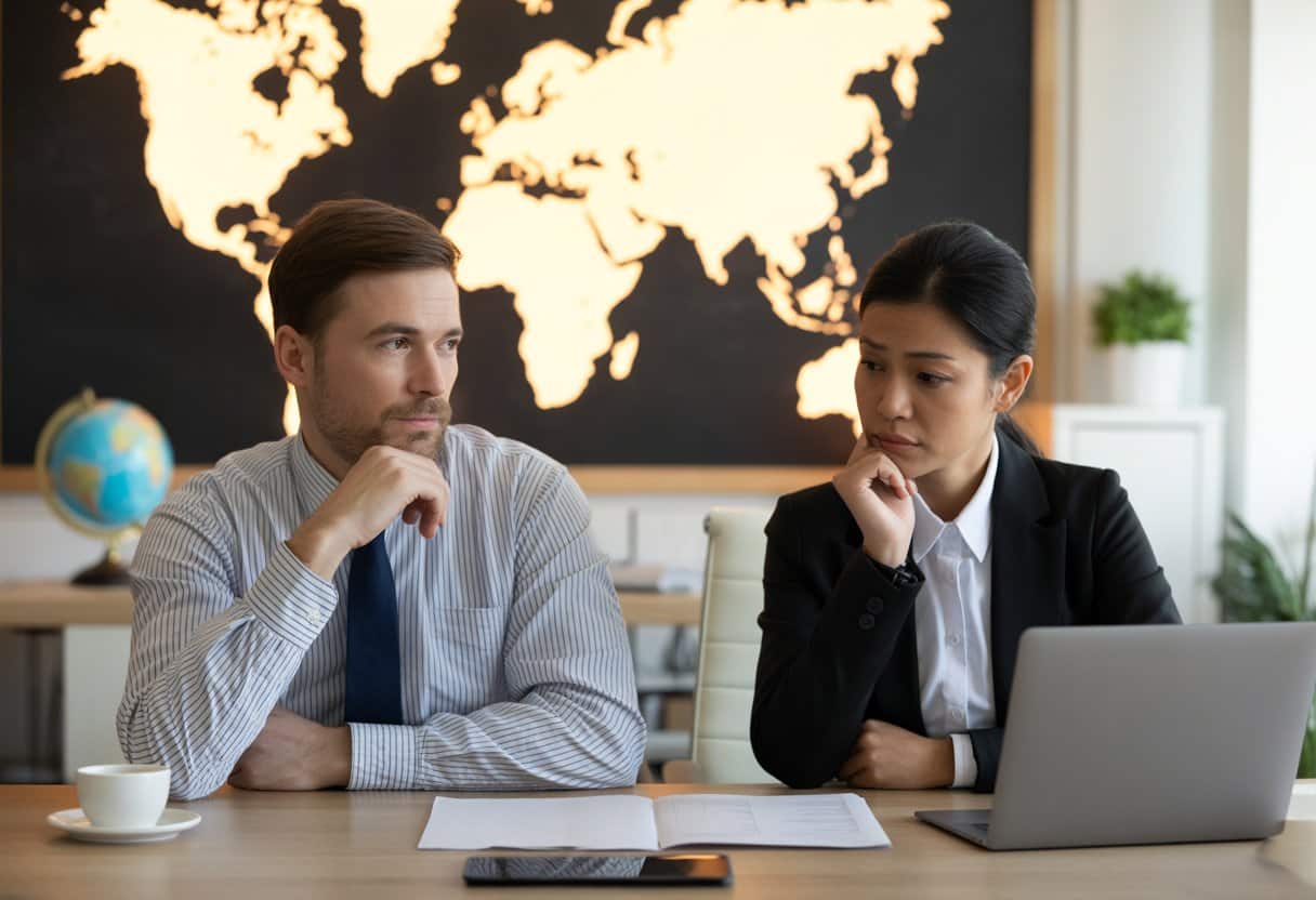 Internationale echtscheiding: wat als één van de partners in het buitenland woont? 1 Twee mensen zitten tegenover elkaar aan een bureau met een wereldkaart op de achtergrond, ze bespreken een internationale echtscheiding.