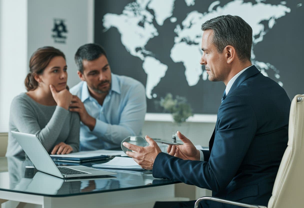 Internationale echtscheiding: wat als één van de partners in het buitenland woont? 2 Een advocaat spreekt met een stel in een kantoor, waarbij één partner in het buitenland woont.