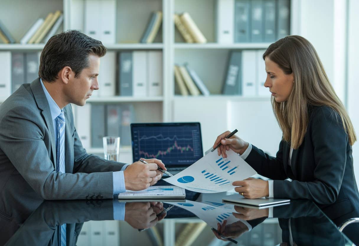 Een man en een vrouw zitten aan een tafel in een kantoor en bekijken samen financiële documenten.