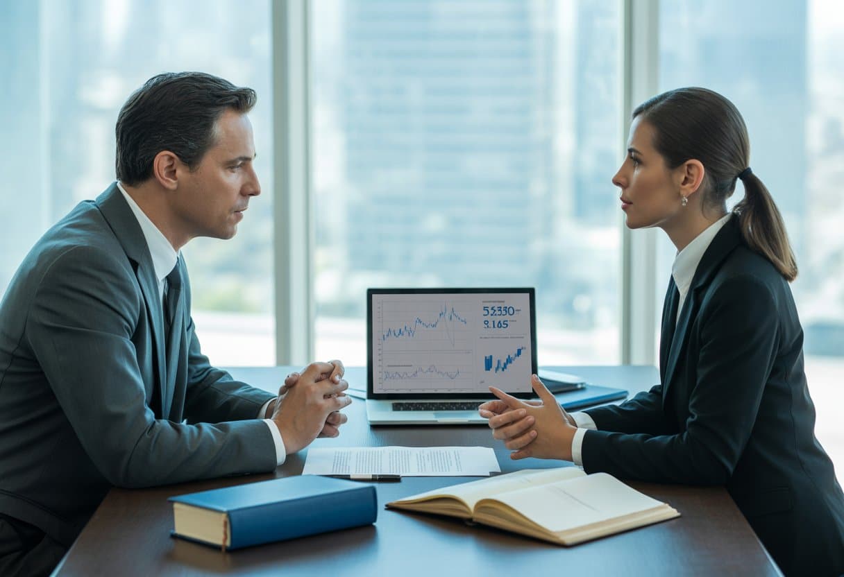 Een man en een vrouw voeren een serieus gesprek in een kantoor met documenten en een laptop met financiële grafieken.