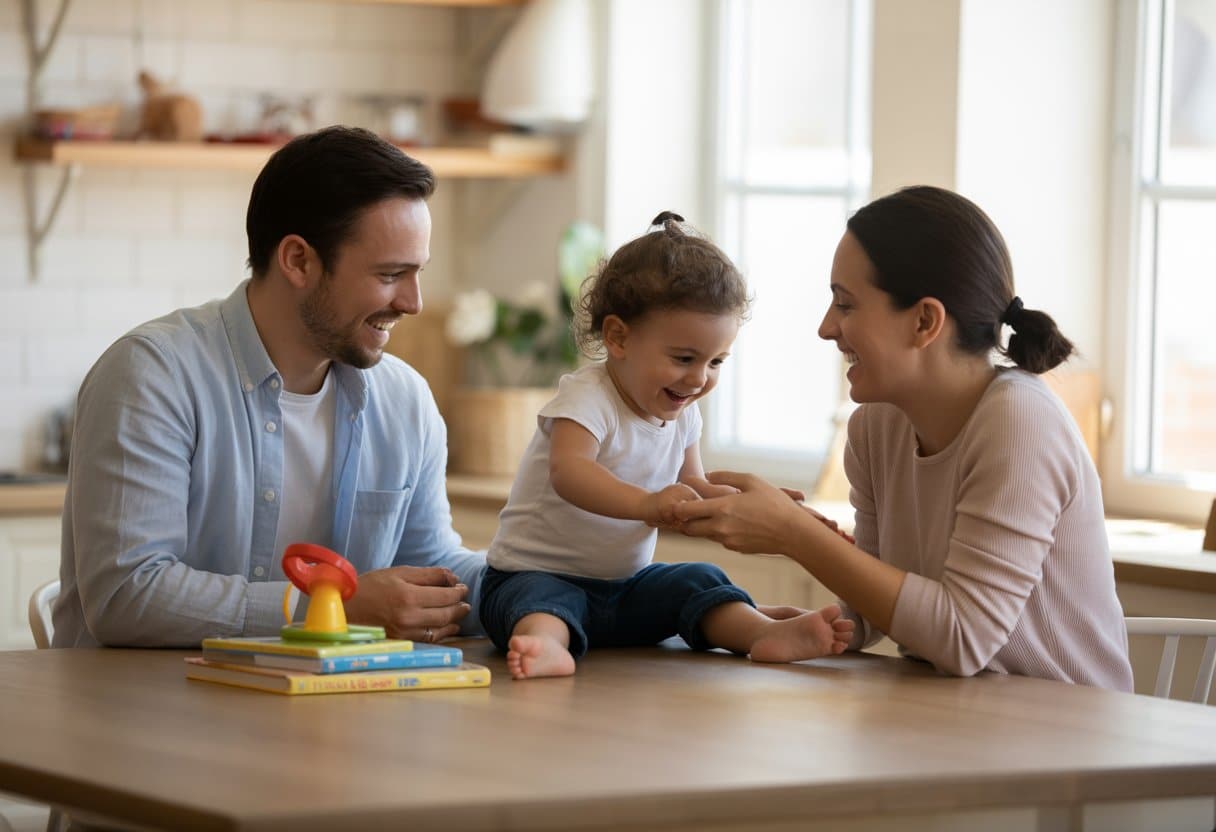 Twee ouders zitten samen aan een tafel met hun spelend kind tussen hen in in een lichte en warme keuken.