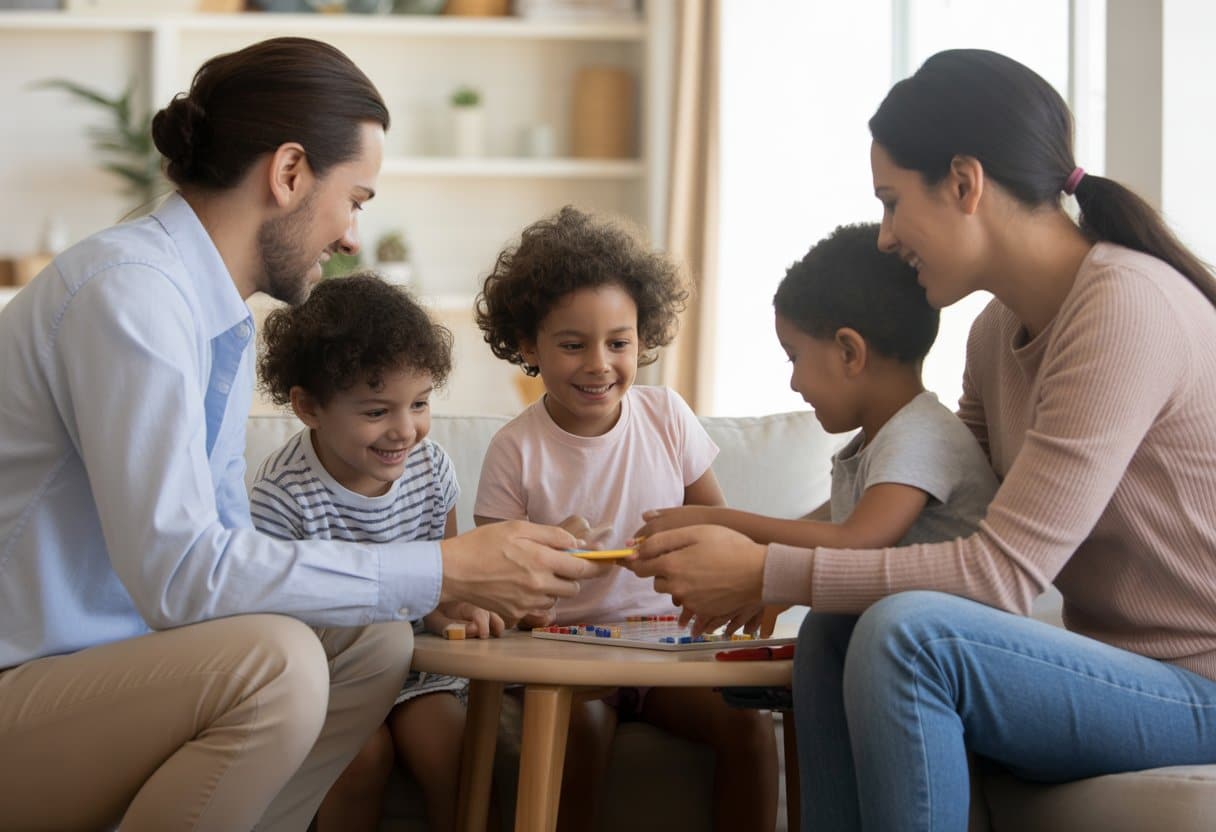 Twee volwassenen en kinderen die samen in een woonkamer een activiteit doen, wat co-ouderschap laat zien.