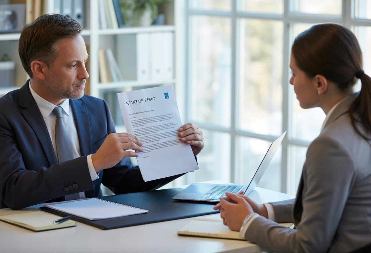 Hoe stel je iemand in gebreke op de juiste manier? Volledige gids 1 Twee mensen in een kantoor bespreken een formeel document tijdens een zakelijk gesprek.