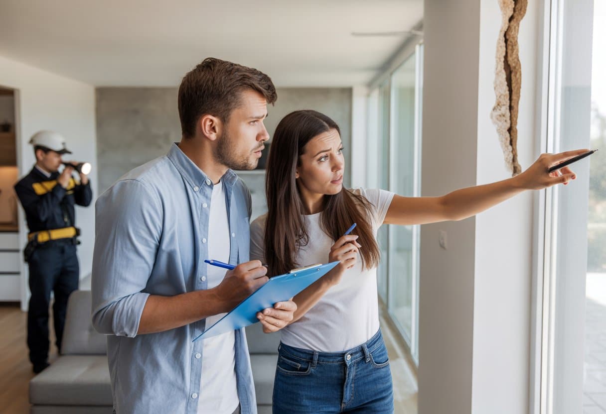 Wat te doen bij verborgen gebreken na aankoop van een woning? Praktische stappen en advies 1 Een jong stel dat een scheur in de muur van hun nieuwe woning bekijkt terwijl een inspecteur de schade onderzoekt.