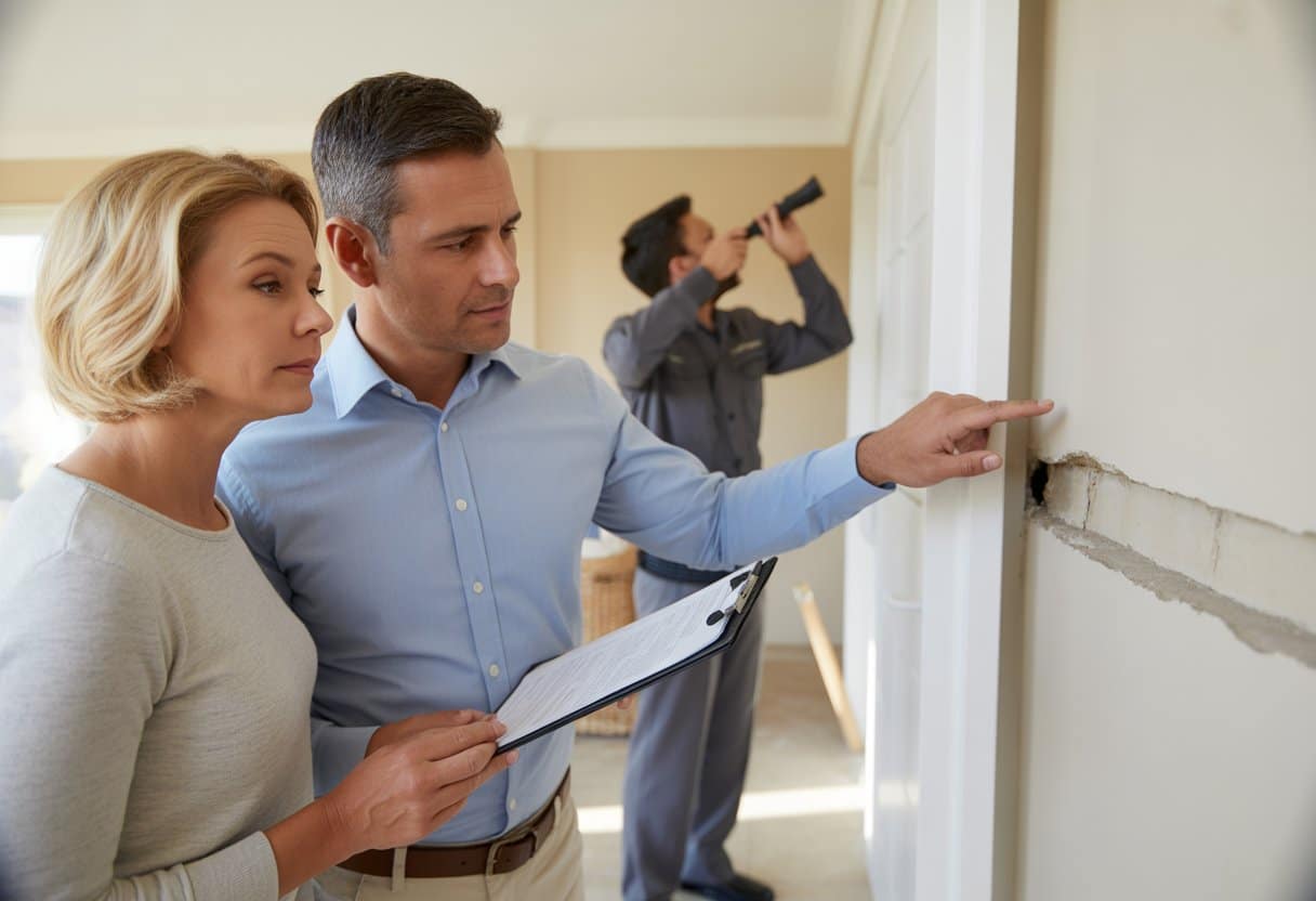 Wat te doen bij verborgen gebreken na aankoop van een woning? Praktische stappen en advies 2 Een stel bekijkt aandachtig een muur met scheuren en waterschade in een huis, terwijl een inspecteur met een zaklamp het plafond onderzoekt.