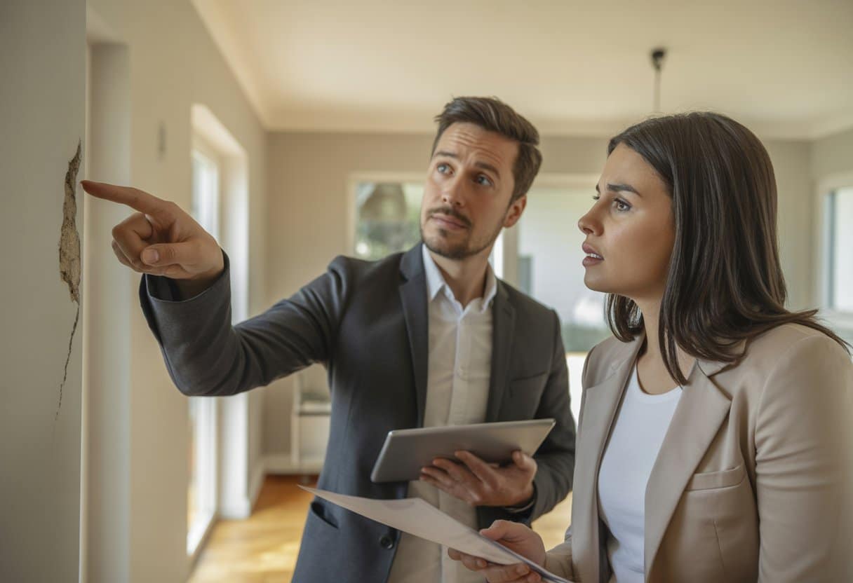 Wat te doen bij verborgen gebreken na aankoop van een woning? Praktische stappen en advies 3 Een makelaar en een huiseigenaar bekijken samen een verborgen gebrek aan de muur in een woning.