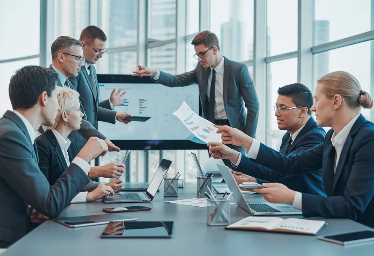 Een groep zakelijke professionals in een moderne kantooromgeving die samen aan een vergadering deelnemen en samenwerken aan een project.