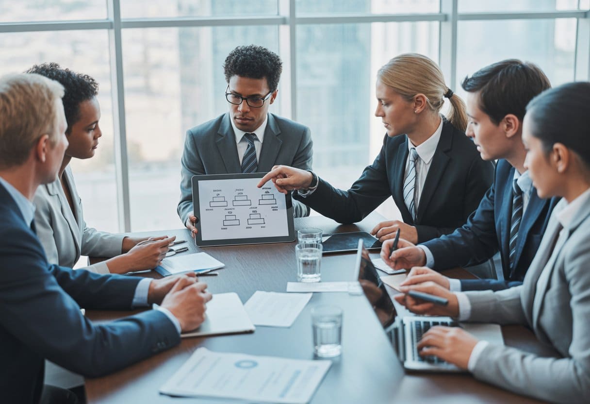 Een groep zakelijke professionals die in een moderne vergaderruimte rond een tafel zit en overleg voert over samenwerking en juridische structuren.
