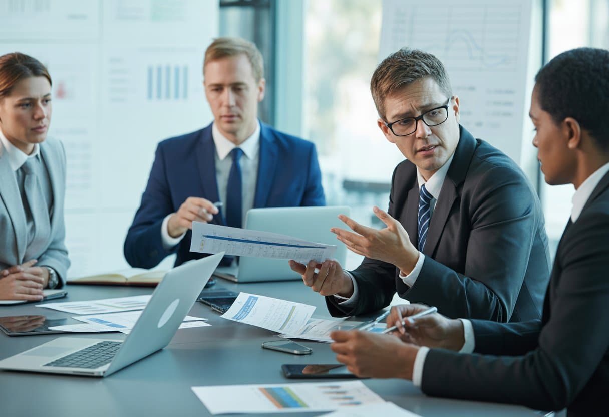 Wat te doen bij wanbetaling door een klant of leverancier? Heldere stappen en tips 1 Zakelijke bijeenkomst met professionals die financiële documenten bespreken en problemen met betaling bespreken.
