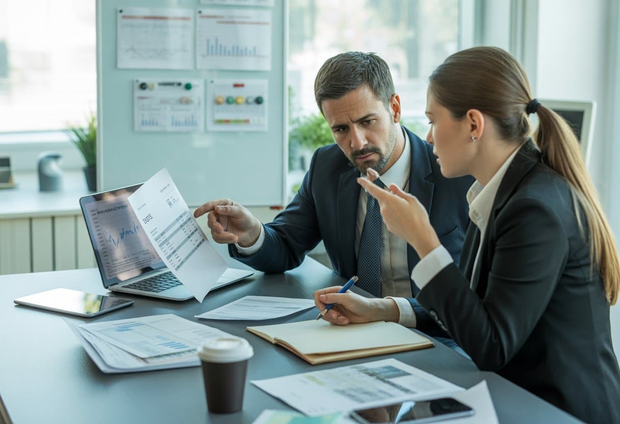 Wat te doen bij wanbetaling door een klant of leverancier? Heldere stappen en tips 2 Twee professionals in een kantoor bespreken documenten en financiële gegevens tijdens een zakelijke vergadering.