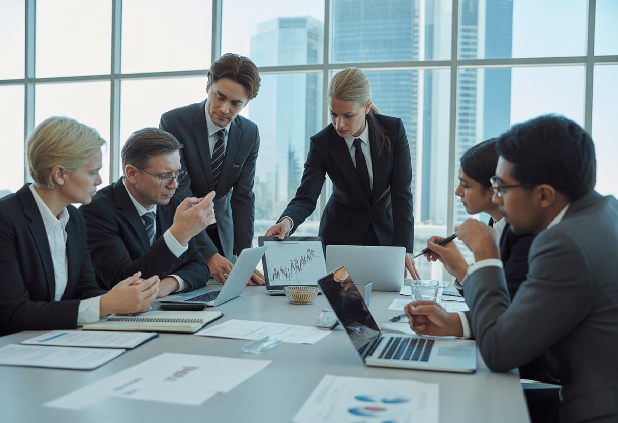 Een groep zakelijke professionals die in een moderne kantoorruimte rond een tafel zitten en financiële documenten bespreken.