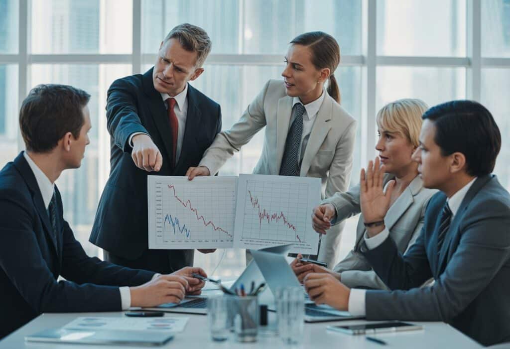 Zakenvergadering met grafieken en presentaties.