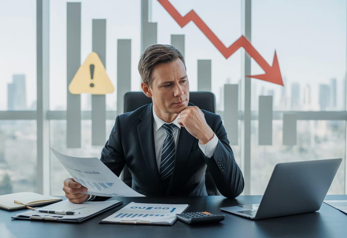 Een zakelijke professional zit aan een bureau met financiële documenten en een laptop, nadenkend over bestuurdersrisico's bij faillissement.