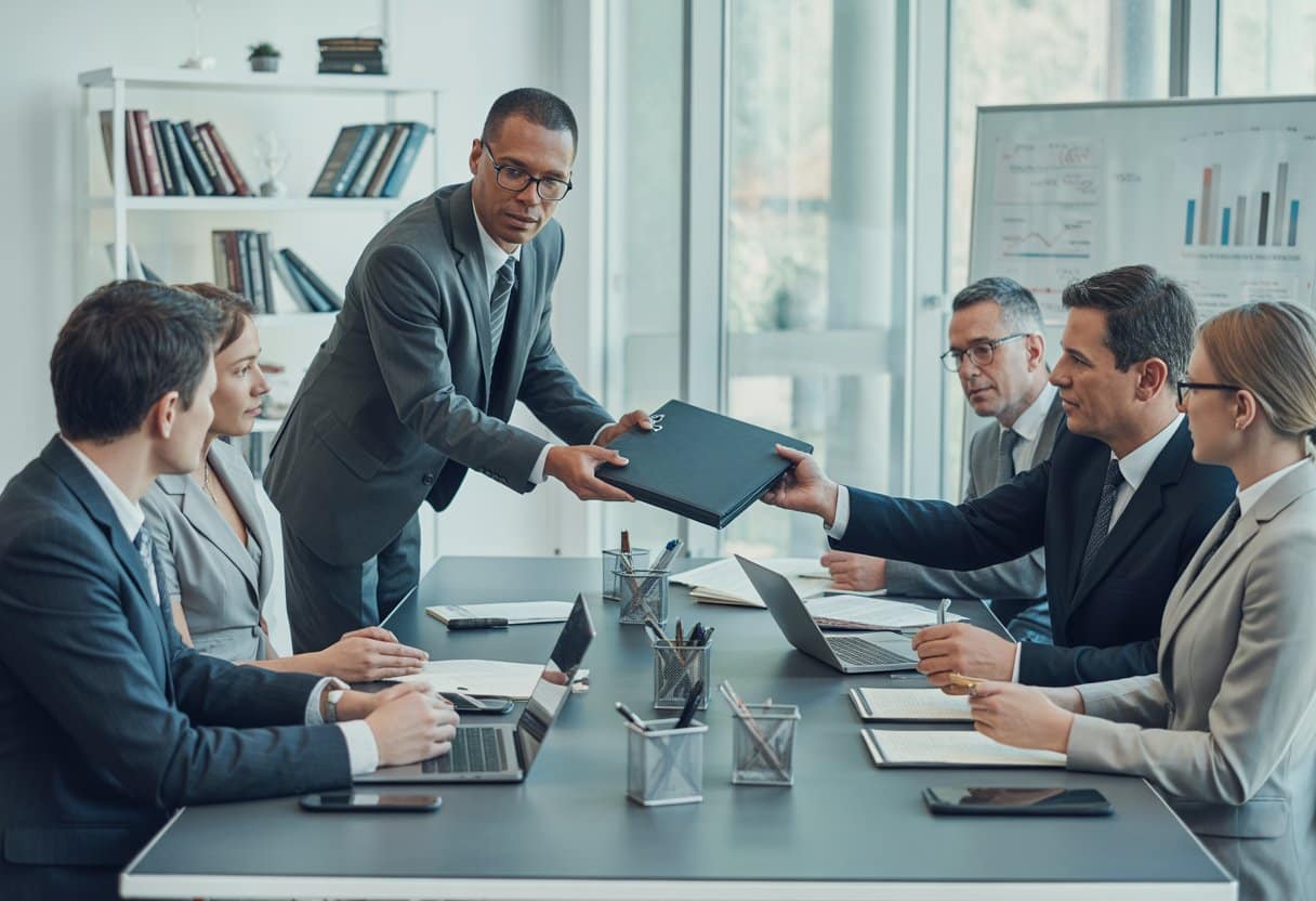 Een groep zakelijke professionals bespreekt contracten aan een vergadertafel in een kantoor.