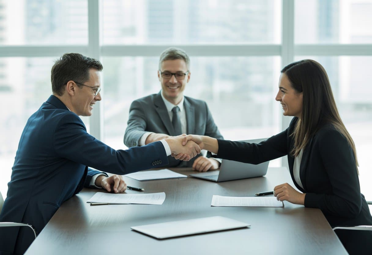 Drie professionals zitten aan een vergadertafel in een kantoor, bekijken documenten en schudden handen.