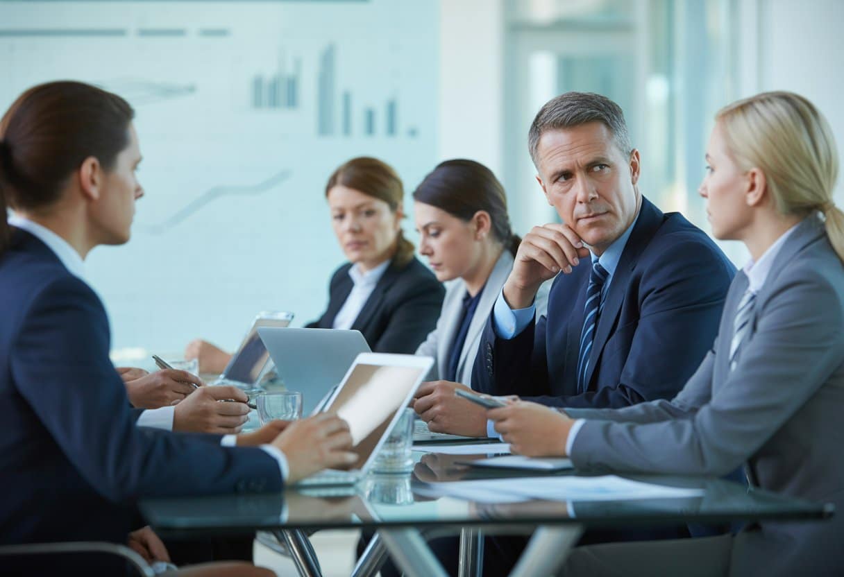 Een groep zakelijke professionals zit rond een vergadertafel in een moderne kantoorruimte, waarbij een man in pak aandachtig nadenkt.