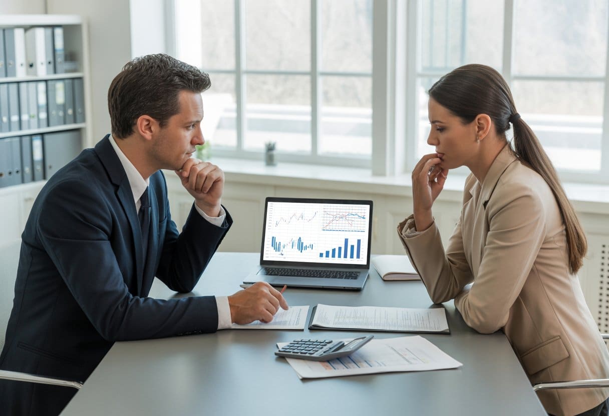 Een man en een vrouw zitten aan een bureau in een kantoor en bespreken financiële documenten.