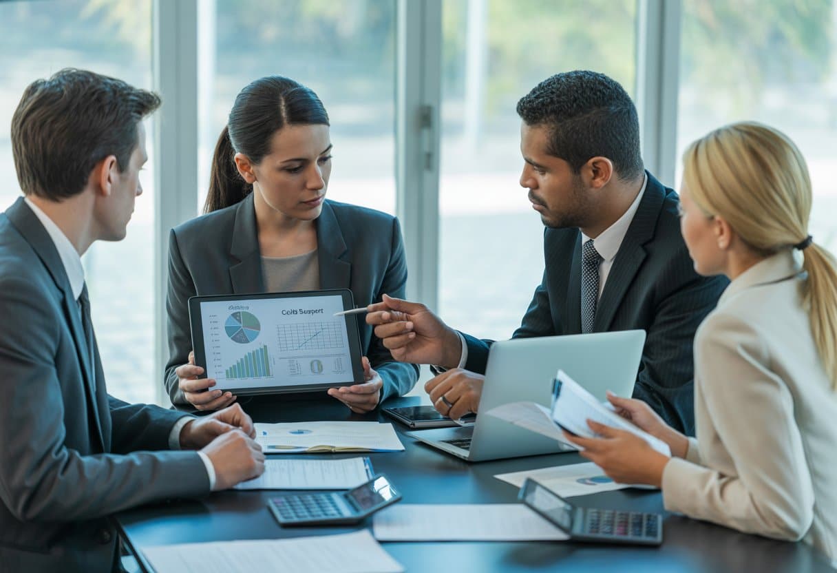 Een groep mensen zit rond een tafel in een kantoor en bespreekt financiële documenten met een adviseur.