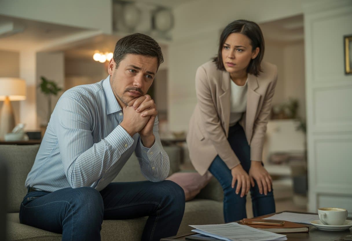 Een man en een vrouw in een woonkamer, de man kijkt bezorgd terwijl de vrouw steunend toekijkt.