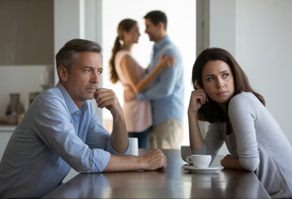 Een man en vrouw zitten aan een tafel, beiden nadenkend, terwijl een jonger koppel op de achtergrond vriendelijk met elkaar omgaat.