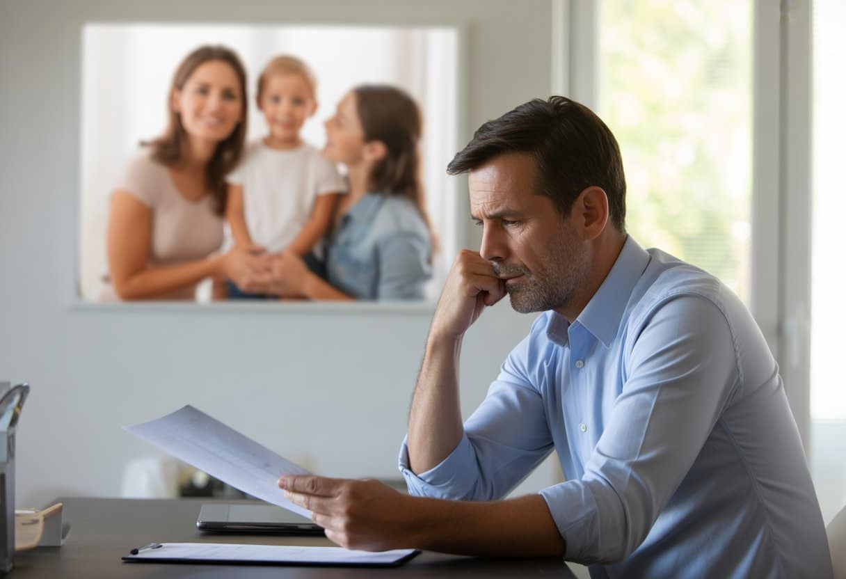 Man zit aan een bureau en bekijkt documenten met een bezorgde blik, op de achtergrond een wazige foto van een vrouw met kind en nieuwe partner.
