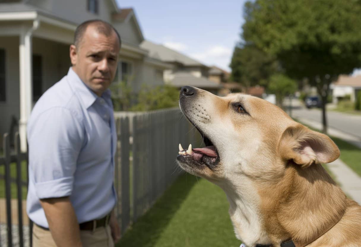 Een gespannen buurman kijkt boos naar een blaffende hond bij een hek in een woonwijk.