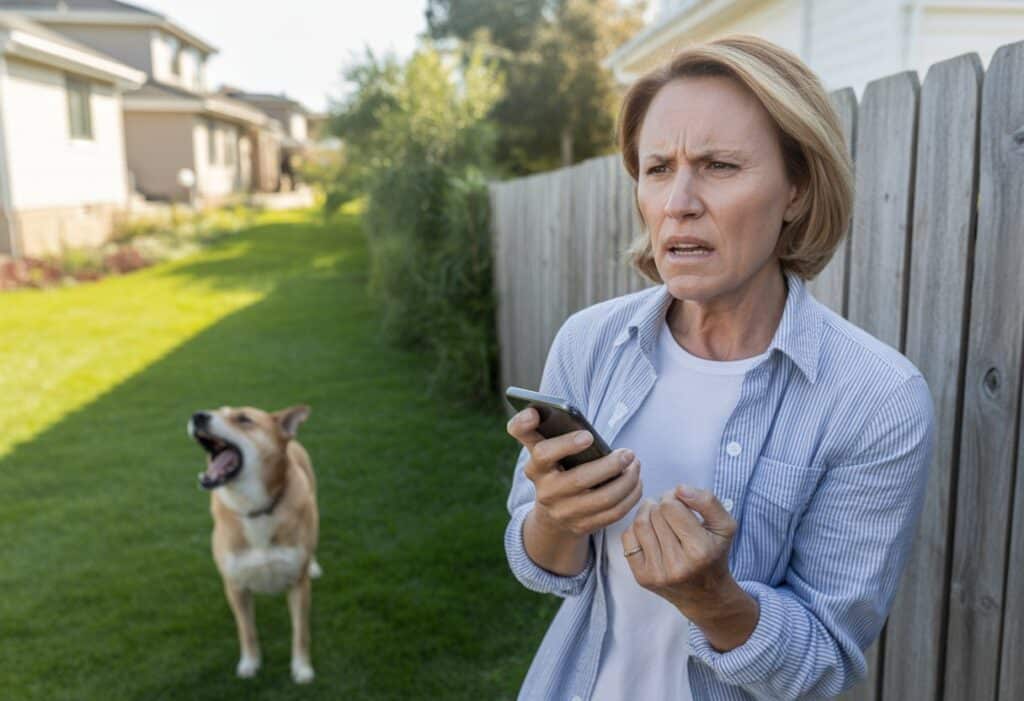 Boze buurman staat bij een houten schutting terwijl een blaffende hond in de tuin erachter te zien is.