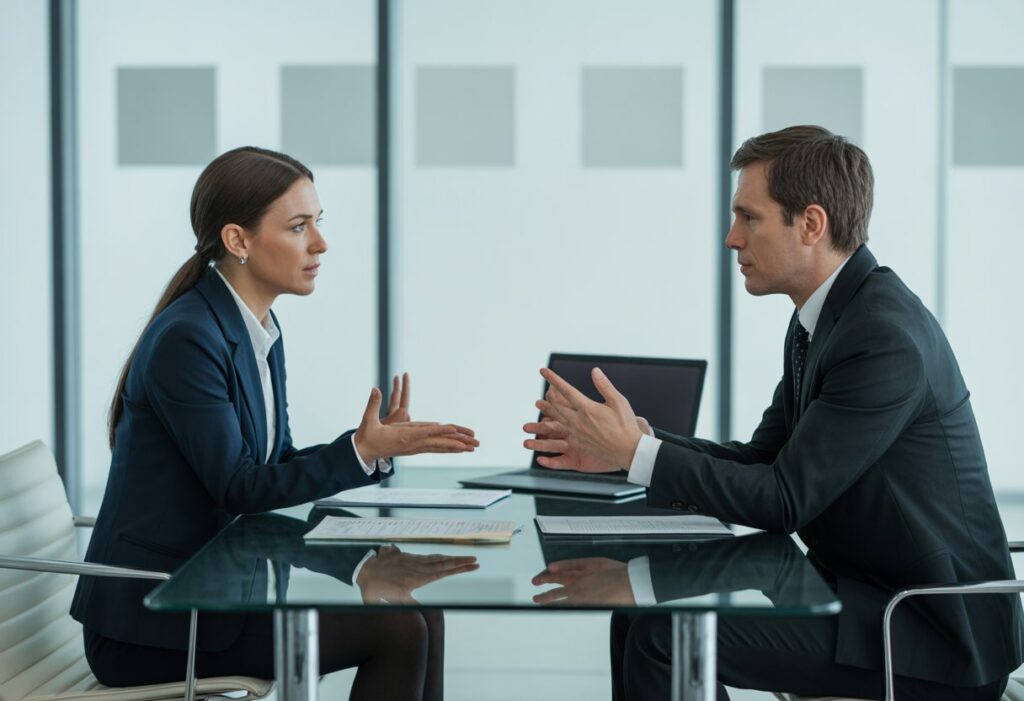 Een zakelijke bijeenkomst in een modern kantoor waar een werkgever en een werknemer een serieus gesprek voeren.