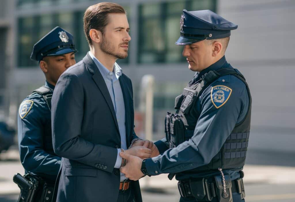 Een man wordt door een politieagent buiten een gebouw gearresteerd terwijl hij aandachtig luistert.