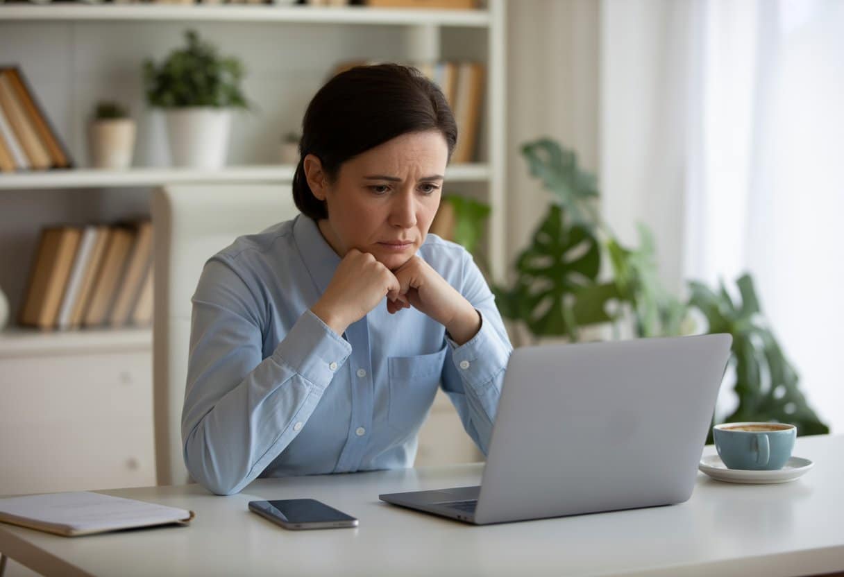 Een foto van u op internet zonder toestemming? Zo pakt u het aan 1 Een persoon zit aan een bureau en kijkt bezorgd naar een laptop in een thuiskantoor.
