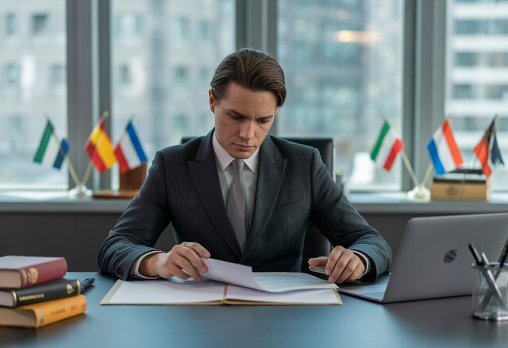 Een Nederlandse advocaat die geconcentreerd juridische documenten bekijkt in een modern kantoor met internationale vlaggen op de achtergrond.
