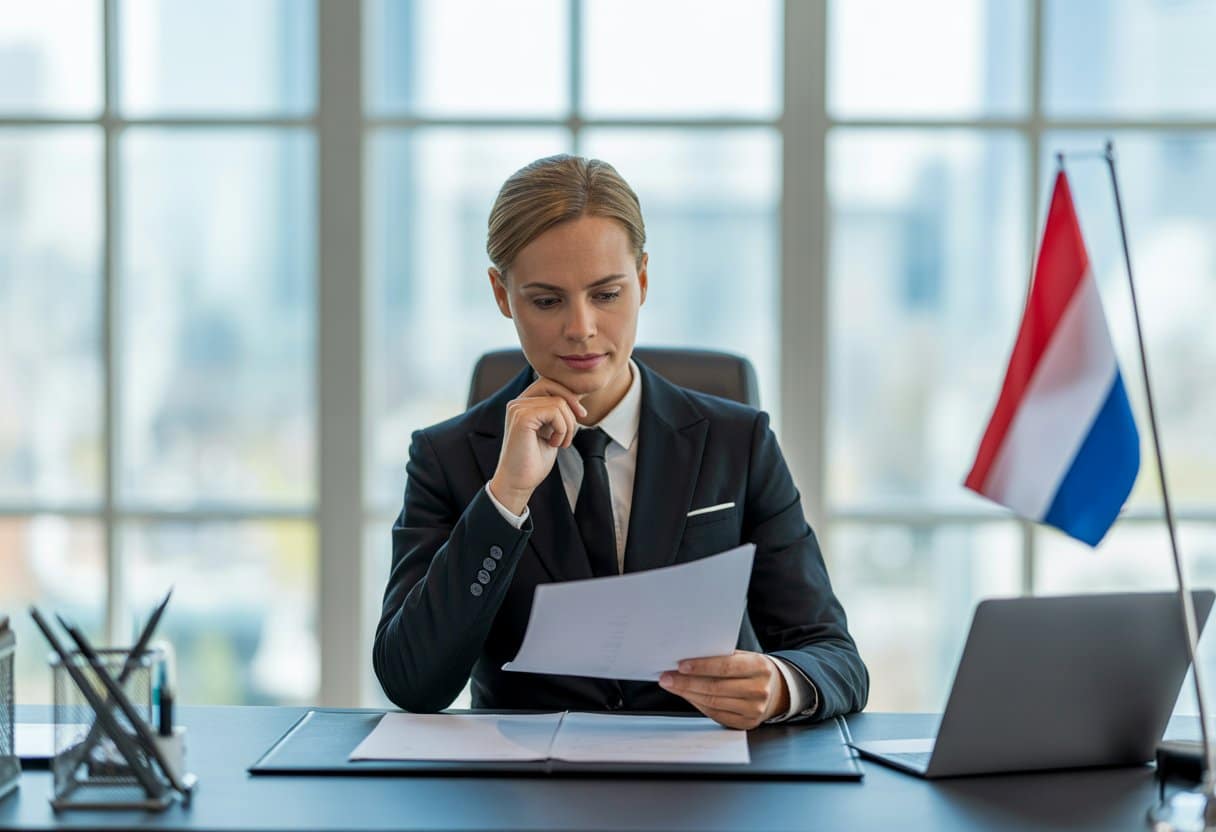 Een Nederlandse advocaat zit aan een bureau in een modern kantoor en bekijkt juridische documenten met een stad op de achtergrond.
