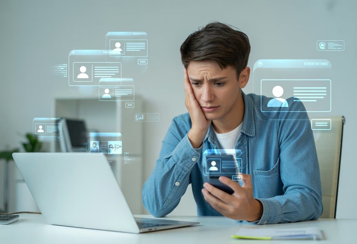 Een bezorgde jongvolwassene zit aan een bureau met een laptop en smartphone, omringd door digitale symbolen van sociale media.