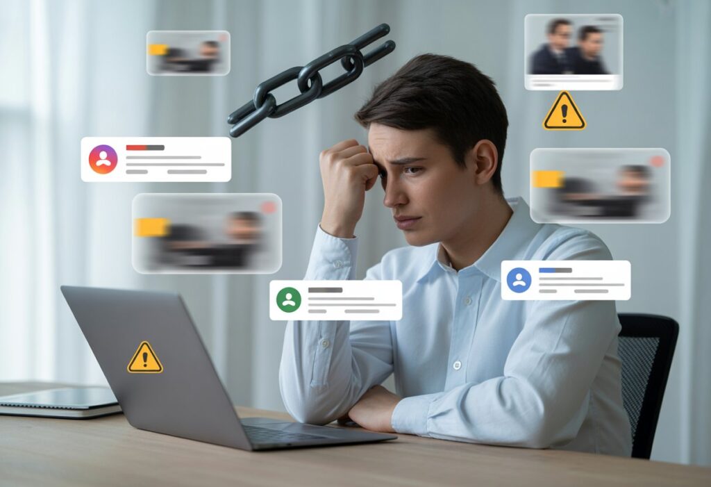 Een jonge volwassene zit aan een bureau en kijkt bezorgd naar een laptop met sociale media-icoontjes en negatieve meldingen.