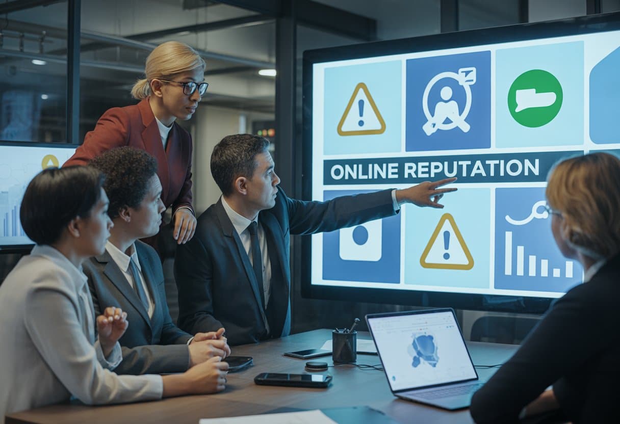 Een groep mensen bespreekt online reputatieproblemen in een kantooromgeving met een digitaal scherm waarop sociale media-iconen en waarschuwingssymbolen te zien zijn.