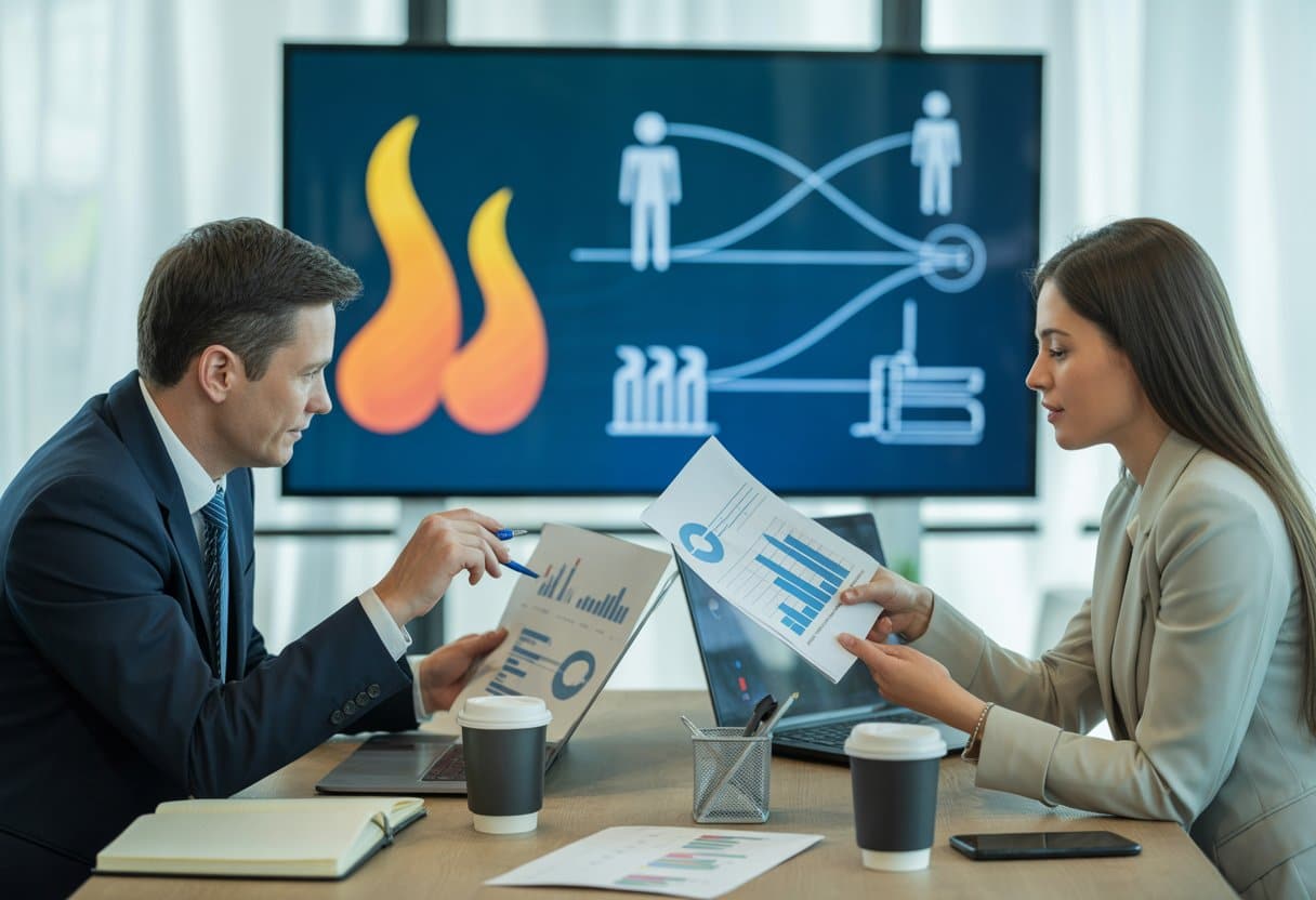 Twee zakelijke professionals bespreken documenten en gegevens over energievoorziening in een modern kantoor.