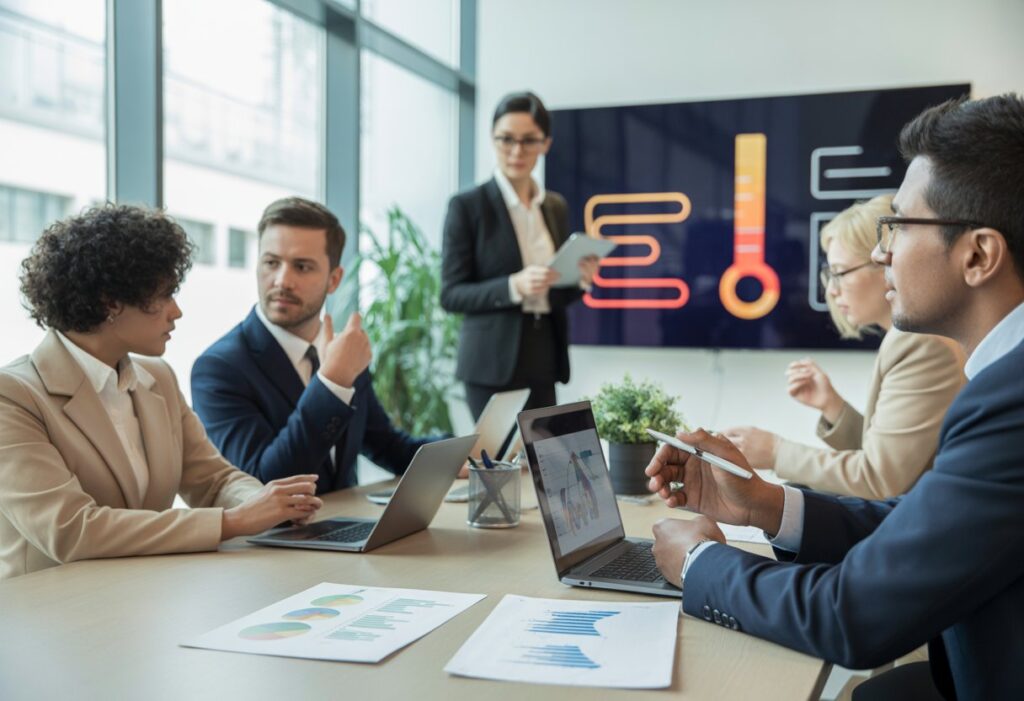 Een groep zakelijke professionals bespreekt energie- en warmtevoorziening in een moderne vergaderruimte.