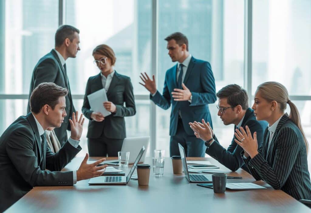 Zakelijke vergadering met gespannen professionals die een conflict bespreken in een modern kantoor.
