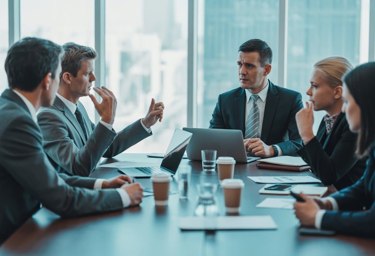 Zakelijke bijeenkomst met professionals die een serieus gesprek voeren rond een vergadertafel in een modern kantoor.